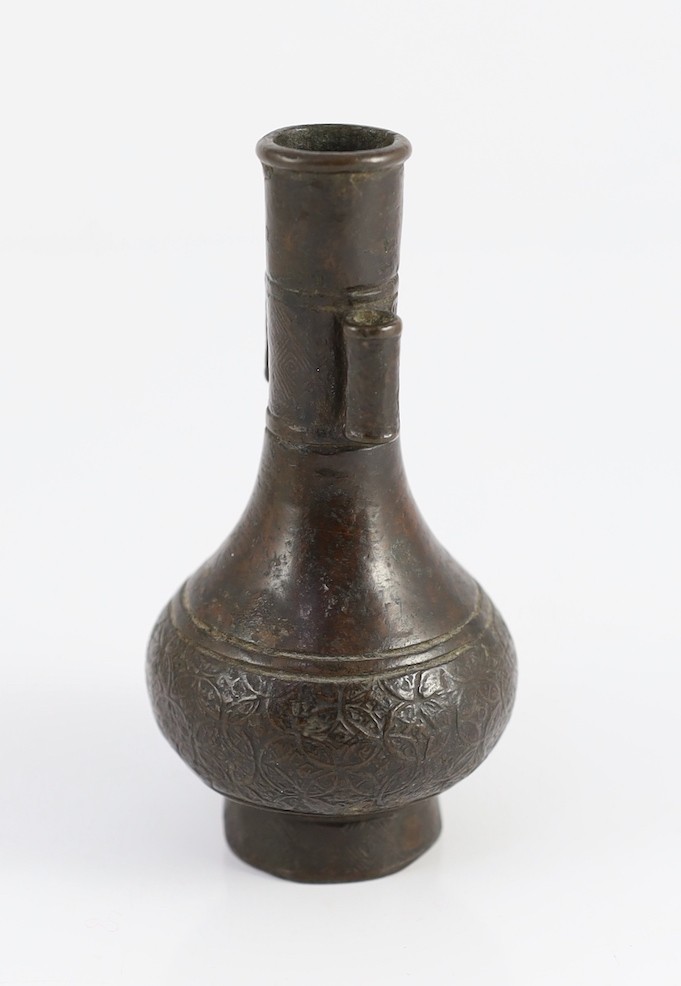 A small Chinese archaistic bronze arrow vase, Yuan/Ming dynasty, 11.8cm high, base panel lacking